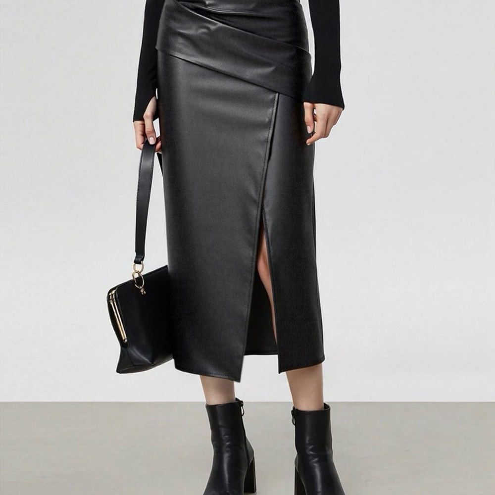 Commense Ruched Leather Look Midi Skirt
